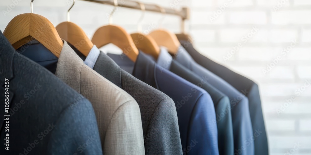 Fototapeta premium Stylish suits hanging on a rack, showing diverse colors and styles, modern setting.