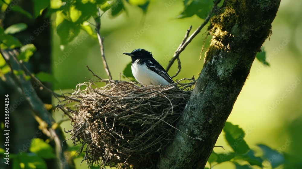 A bird perched on its nest amidst green foliage, showcasing nature's nurturing aspect. A bird perched on its nest amidst green foliage, showcasing nature's nurturing aspect.