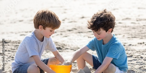 Two boys playing together with a bucket in the sand on a sunny beach. photo