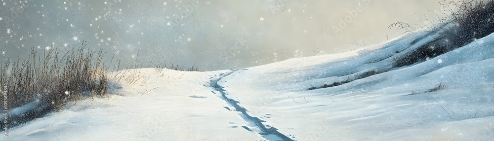 Obraz premium Snowy Landscape with a Winding Path Through a Field of Grass