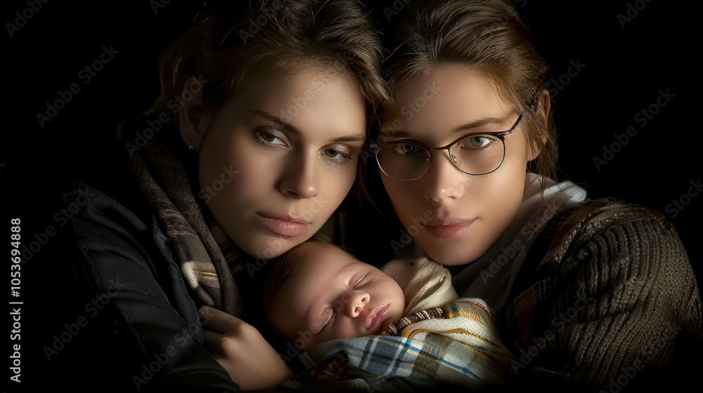 A portrait of two mothers, one holding her newborn baby lovingly, capturing an intimate and loving moment of this LGBT family against a dark background. A portrait of two mothers, one holding her newborn baby lovingly, capturing an intimate and loving moment of this LGBT family against a dark background.