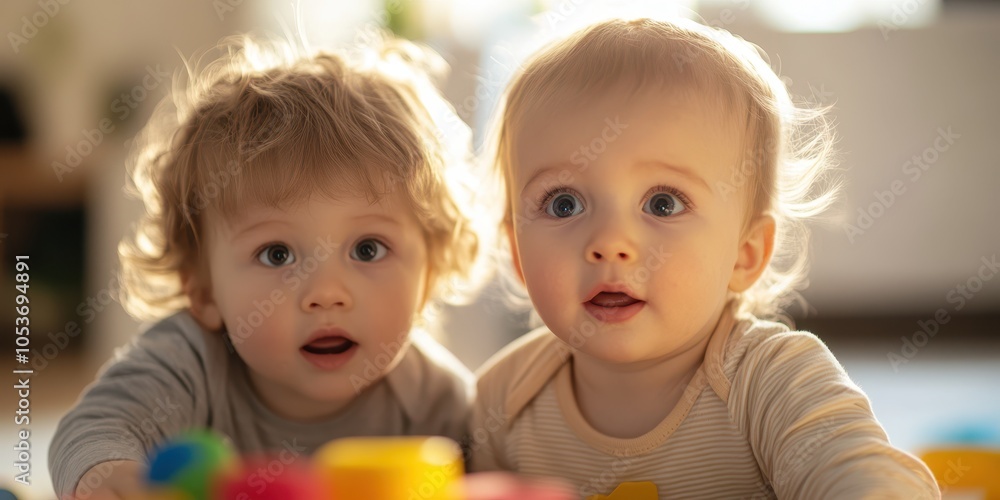 Two curious toddlers playing with colorful toys in a bright room. Two curious toddlers playing with colorful toys in a bright room.