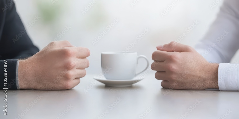 Two hands reaching for a coffee cup on a table, soft focus background. Two hands reaching for a coffee cup on a table, soft focus background.