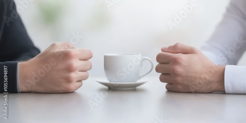 Two hands reaching for a coffee cup on a table, soft focus background.