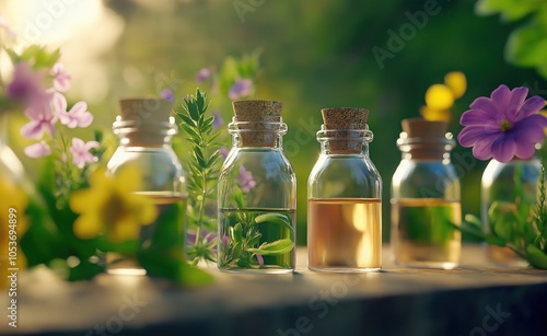 Collection of natural glass bottles filled with various herbal remedies essential oils and botanical extracts for alternative medicine holistic wellness and natural beauty and cosmetic purposes