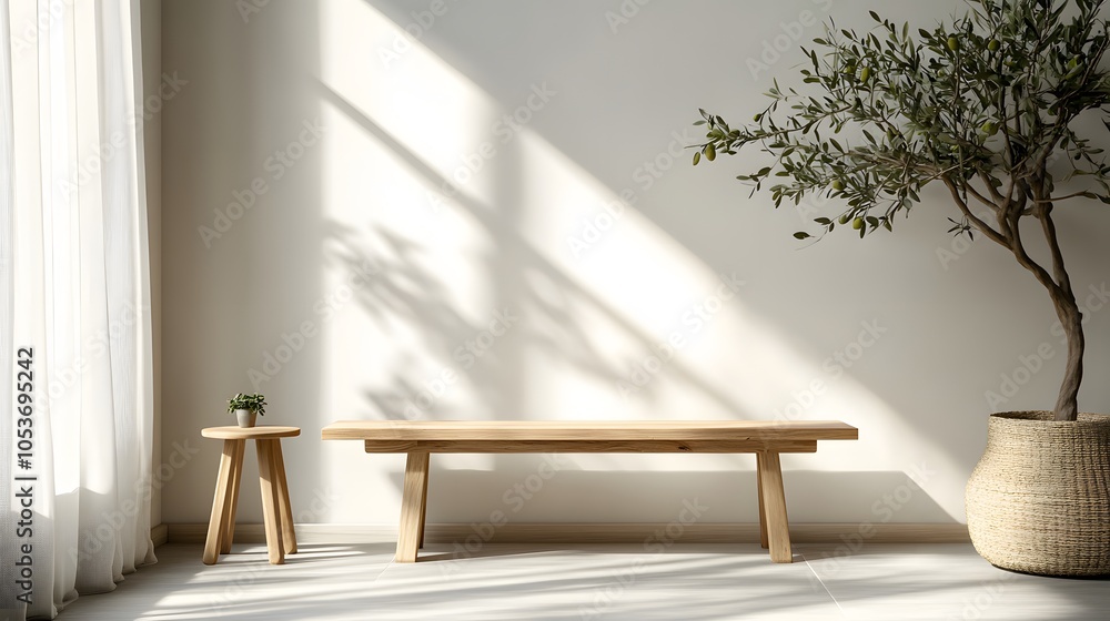 Minimalist wooden frame mockup, white ceramic tile background, modern bench, small stool, potted olive plant, Scandinavian design, clean white space, natural materials. Minimalist wooden frame mockup, white ceramic tile background, modern bench, small stool, potted olive plant, Scandinavian design, clean white space, natural materials.
