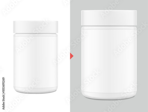 Blank package container for supplement, sport nutrition, powder products. Vector illustration isolated on white and grey background. Can be use for your design, advertising, promo. EPS10.