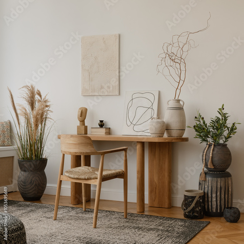 Natural wood desk paired with a stylish chair and minimalist decor, ideal for creating a peaceful workspace at home	
