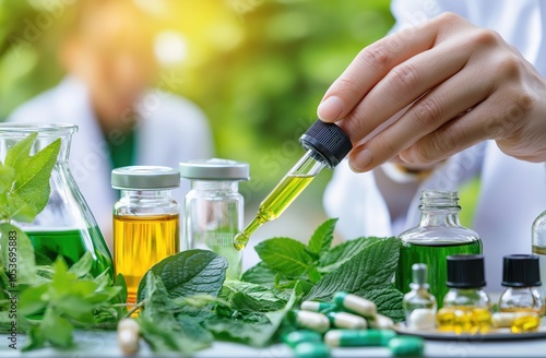 Herbal medicine research and phytochemical analysis of natural plant based ingredients in a modern laboratory environment  Examination of botanicals leaf extracts photo