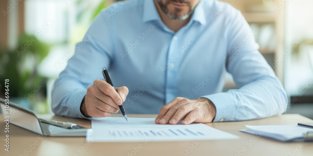 Businessman signing documents on office desk, focused and professional atmosphere Businessman signing documents on office desk, focused and professional atmosphere