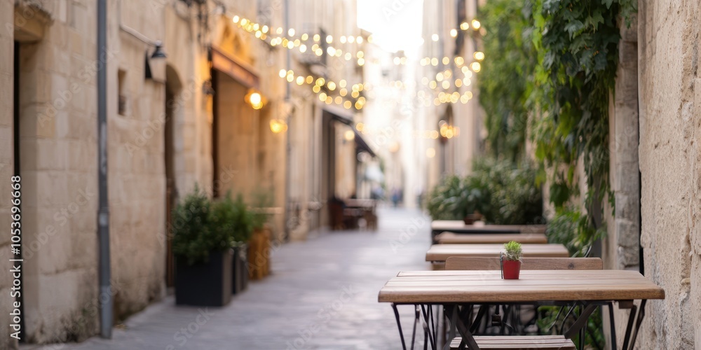 Fototapeta premium Charming street with empty tables and warm lights in a quaint alley.