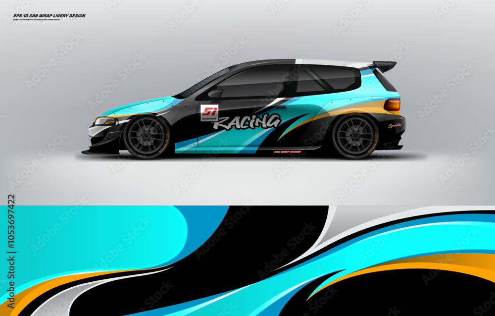 Fototapeta premium Car wrap livery design Hatchback sporty style blue color combination, printable file decal and vinyl. ready print vector eps 10