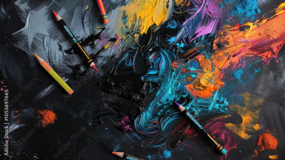 Obraz premium Colorful Paint Swirls and Pencils on a Black Surface