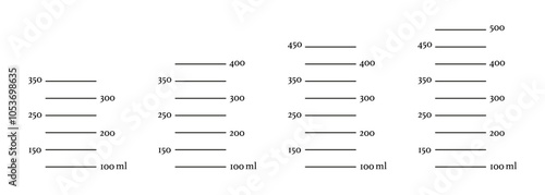 Set of scales 350, 400, 450, 500 ml liquid volume. Measuring milliliters cup, jug to preparing cooking. Graphic templates isolated on a white background.