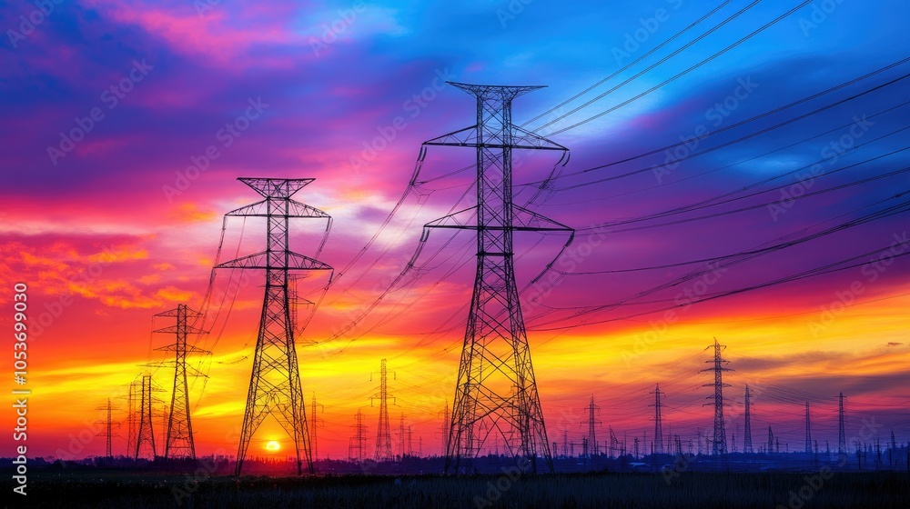 Power lines at sunset with vibrant colors. This photo can be used to represent energy, infrastructure, or the beauty of nature. Power lines at sunset with vibrant colors. This photo can be used to represent energy, infrastructure, or the beauty of nature.