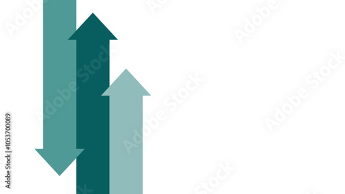 Three arrows in green tones, two pointing up and one pointing down, crossing directions. 