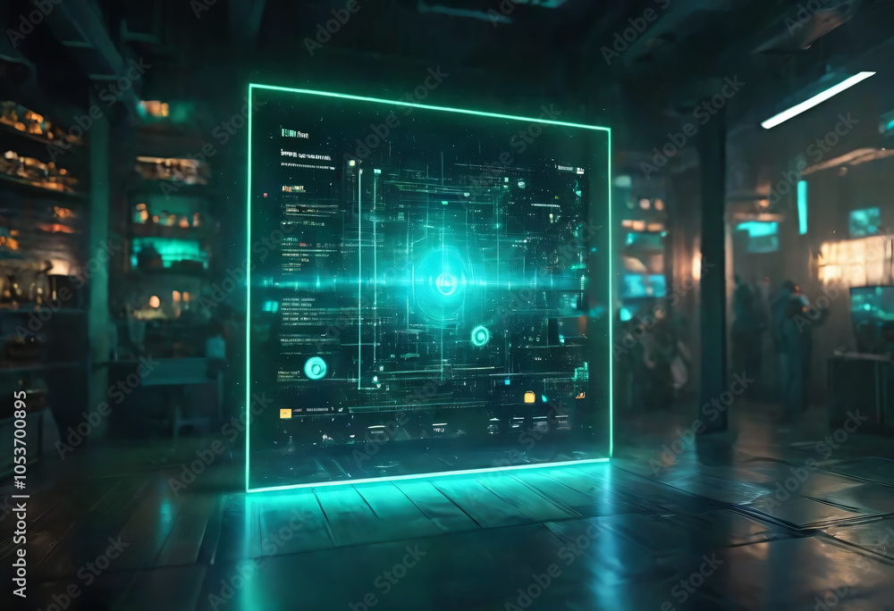 A realistic holographic screen floating in mid-air, displaying streams of binary data and futuristic icons A realistic holographic screen floating in mid-air, displaying streams of binary data and futuristic icons
