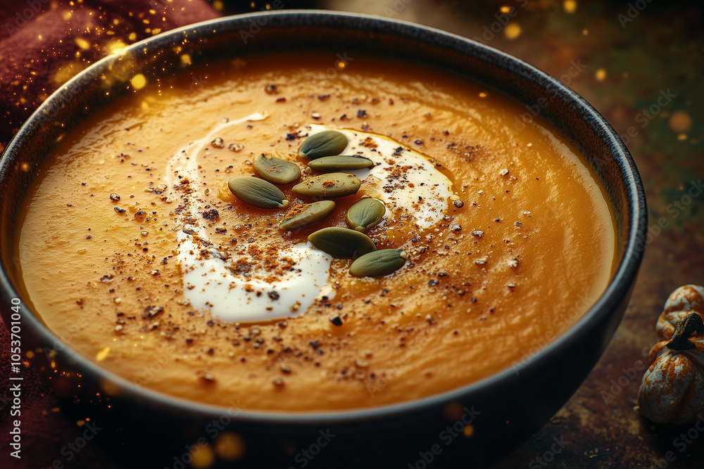Cozy fall-inspired bowl of butternut squash soup with pumpkin seeds Cozy fall-inspired bowl of butternut squash soup with pumpkin seeds