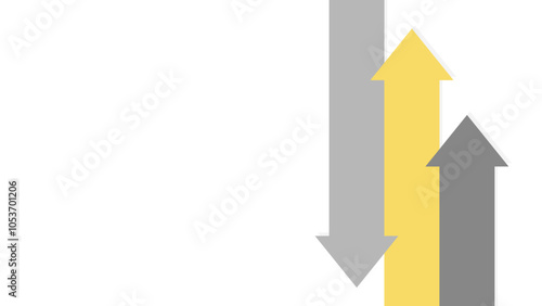 Three large, overlapping yellow and grey arrows on a white background. Two of them are pointing in the same direction, while the third one is pointing in the opposite direction.