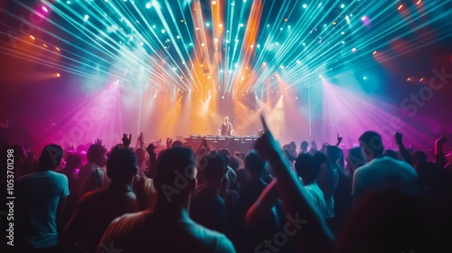 Wallpaper Mural Crowd dancing at a club, illuminated by colorful strobe lights, with a DJ on stage and everyone having a great time, capturing the energy of a night out Torontodigital.ca