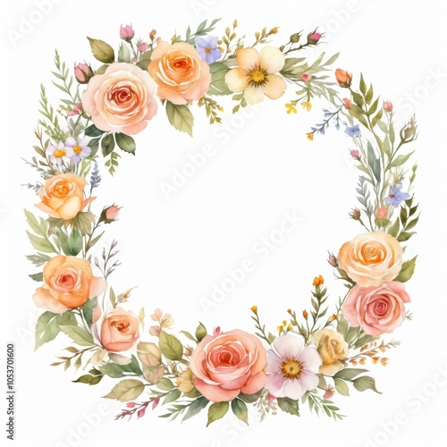 Watercolor flowers wreath. White background. Wedding frame. Invitation template.