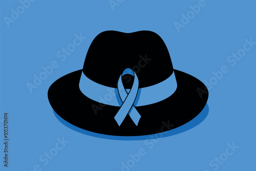 Black hat with blue ribbon, Prostate Cancer Awareness Month concept.
