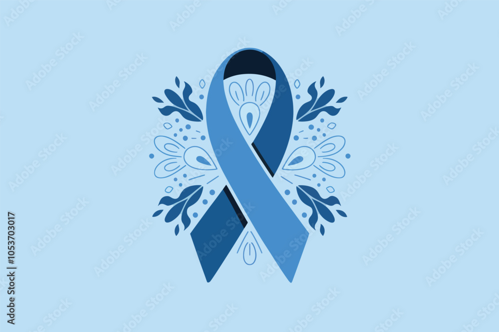 Fototapeta premium Blue ribbon symbol of prostate cancer awareness month, light blue background