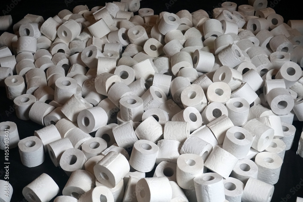 Fototapeta premium A pile of many white toilet paper on a black background. group of many rolls of toilet paper. A lot of white toilet paper.