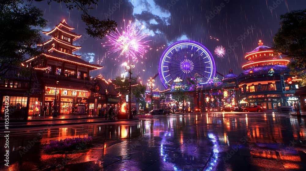 Joyful 3D New Year Festival Scene with Vibrant Colors Joyful 3D New Year Festival Scene with Vibrant Colors