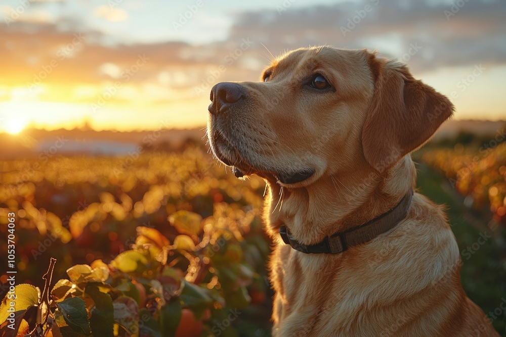 Golden Retriever Dog Looking Up at Sunset in Orchard Golden Retriever Dog Looking Up at Sunset in Orchard