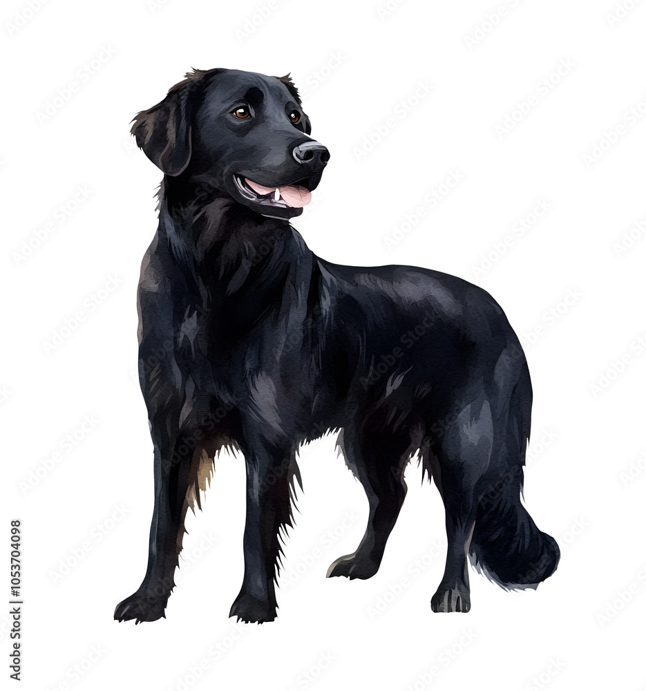 FLAT COATED RETRIEVER dog, watercolor clipart illustration with isolated background. FLAT COATED RETRIEVER dog, watercolor clipart illustration with isolated background.