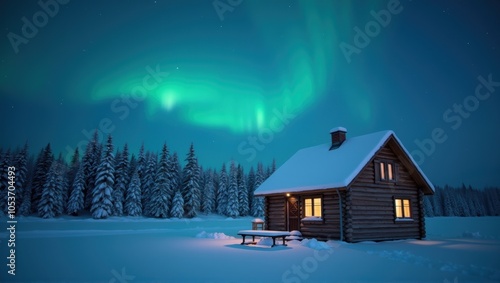 Aurora borealis over a snow-covered cabin in a serene, wintry forest at night. Generative, AI,