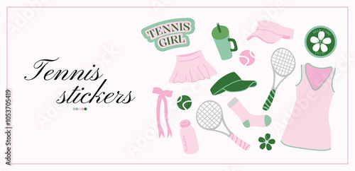Tennis sports stickers in cartoon hand draw style. Tennis sports equipment, ball, racker, skirt, water bottle, dress. Set of tennis essentials