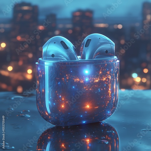 Reflections of Sound, AirPods Glimmering Amidst Urban Clouds and Surreal Illusions