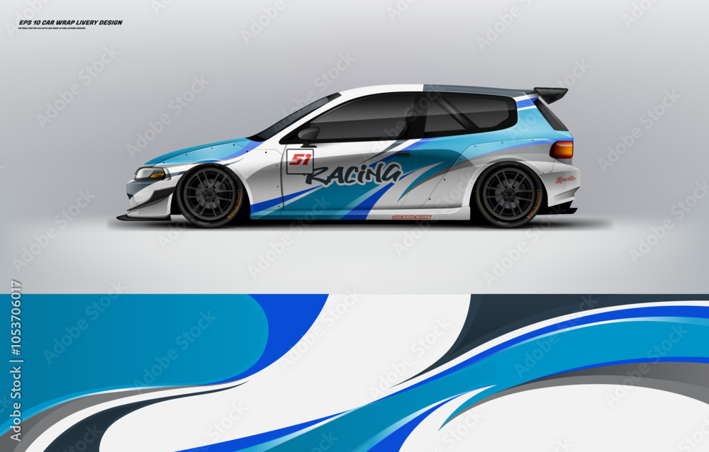 Fototapeta premium Car wrap livery design Hatchback sporty style blue color combination, printable file decal and vinyl. ready print vector eps 10