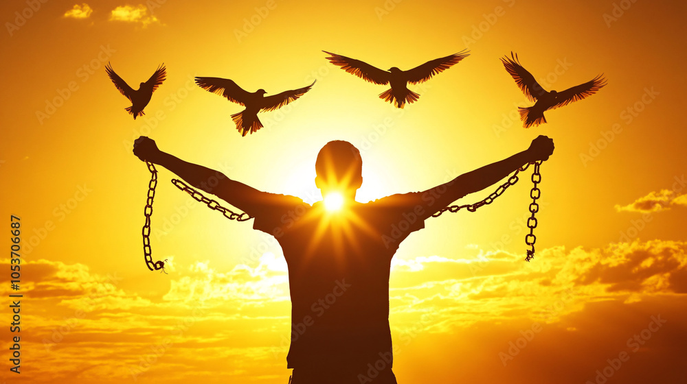 Freedom concept. Silhouettes of broken chain, Freedom broken chains Freedom concept. Silhouettes of broken chain, Freedom broken chains
