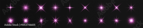 Pink light effect reflections, neon illumination in yellow colors. Bright light lens. Police light effects, lines. Shiny stars, glowing sparks on a black background. Vector	