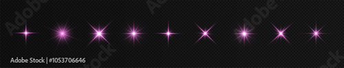 Pink light effect reflections, neon illumination in yellow colors. Bright light lens. Police light effects, lines. Shiny stars, glowing sparks on a black background. Vector	