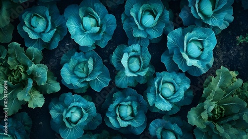 Top View of a Garden Bed with Large Cabbages.