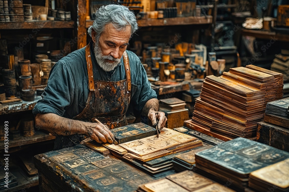 A Craftsman Working With Wooden Blocks in a Workshop A Craftsman Working With Wooden Blocks in a Workshop