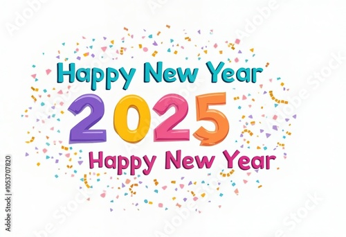 Happy new year 2025 typography greeting card, poster, banner with celebration elements. Happy new year walpaper.