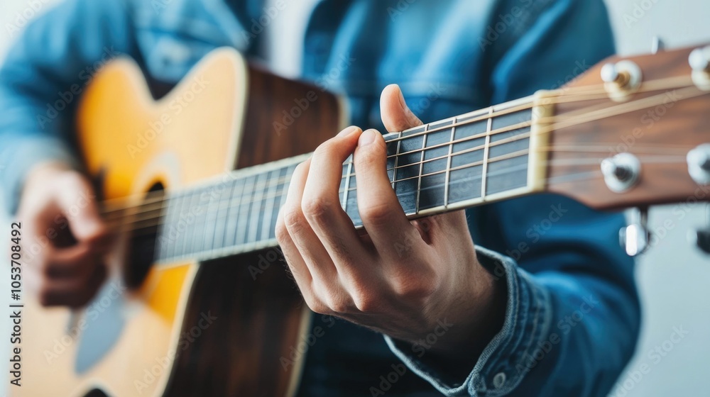 Fototapeta premium Young male teenager practicing playing acoustic guitar at home relaxing and honing his musical talents and skills with a blurred natural lighting background and deep depth of field