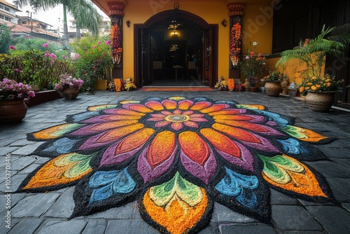 Vibrant rangoli design adorning a traditional indian courtyard entrance photo