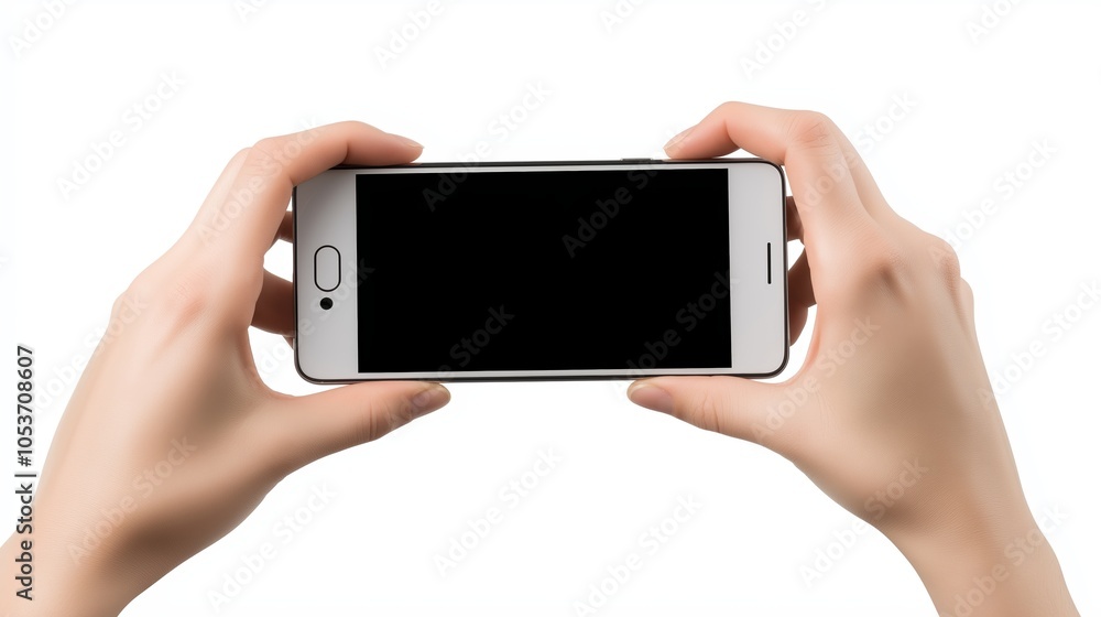 Hyper-Realistic First-Person View of Hands Holding a Phone with Black Screen Against White Background Hyper-Realistic First-Person View of Hands Holding a Phone with Black Screen Against White Background