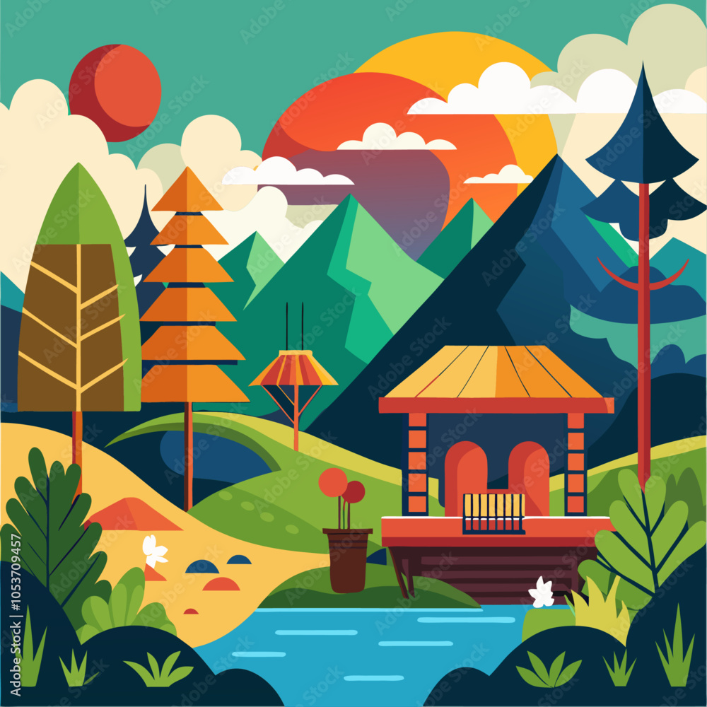 Fototapeta premium vibrant, colorful landscape with stylized trees, mountains.