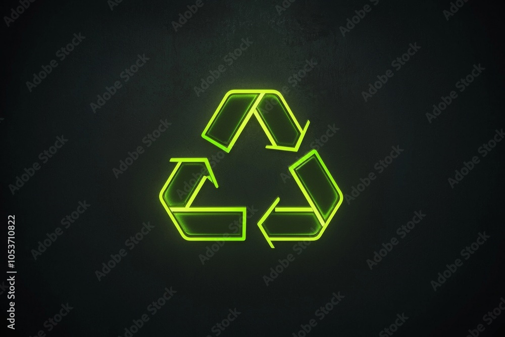 A minimalist recycling icon in neon green on a pure black background, with sharp, clean lines. A minimalist recycling icon in neon green on a pure black background, with sharp, clean lines.