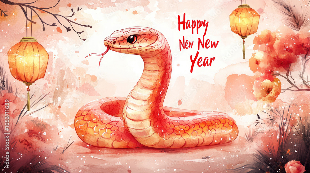 Obraz premium Chinese new year 2025. A snake with a traditional red Oriental lantern