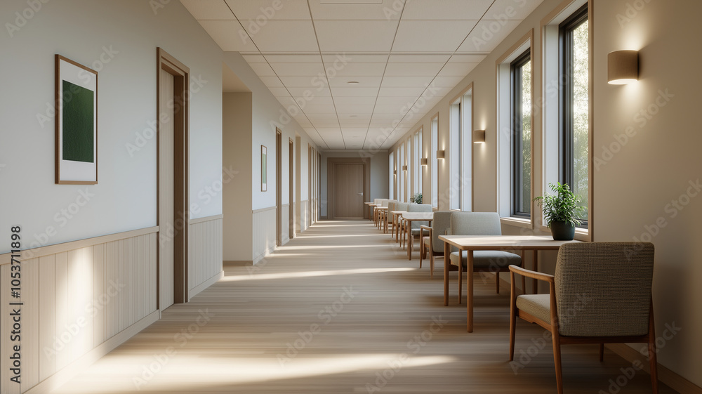 Fototapeta premium bright and spacious office corridor with wooden flooring and natural light