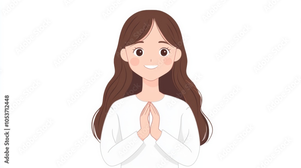 Cute cartoon girl with long brown hair and clasped hands, smiling in a front view. Cute cartoon girl with long brown hair and clasped hands, smiling in a front view.