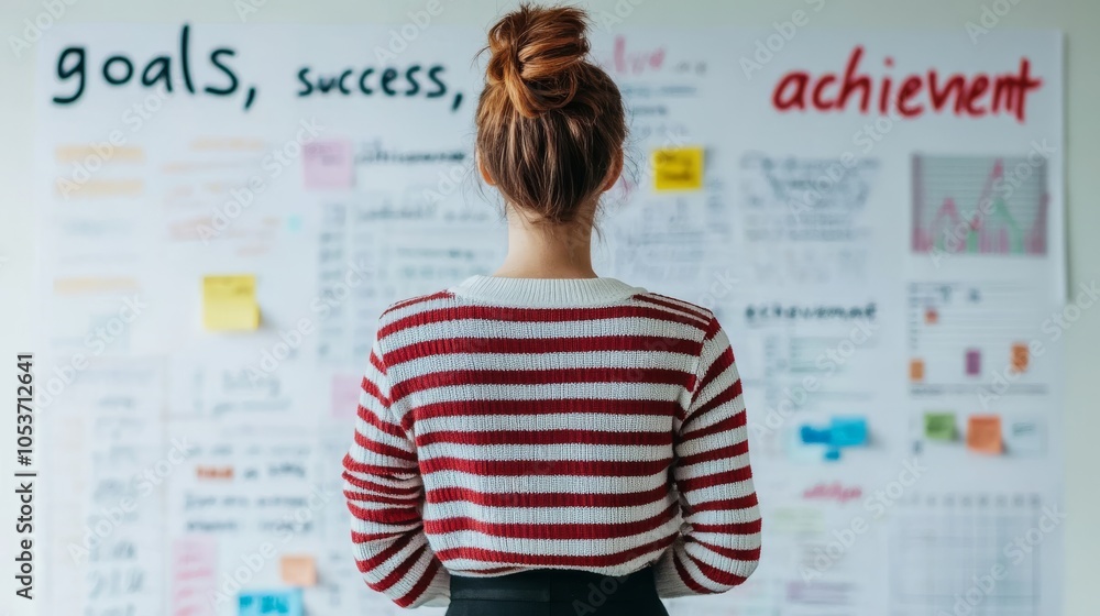 Fototapeta premium Woman reviewing goals and success charts on a wall, focused and determined.